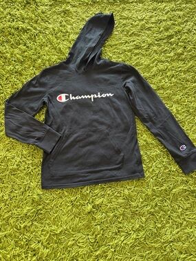 Champion Black Hoodie with White Script Logo